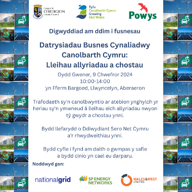 Digwyddiad i ddod ynghylch atebion busnes Cynaliadwy yng Nghanolbarth Cymru: Lleihau allyriadau a chostau